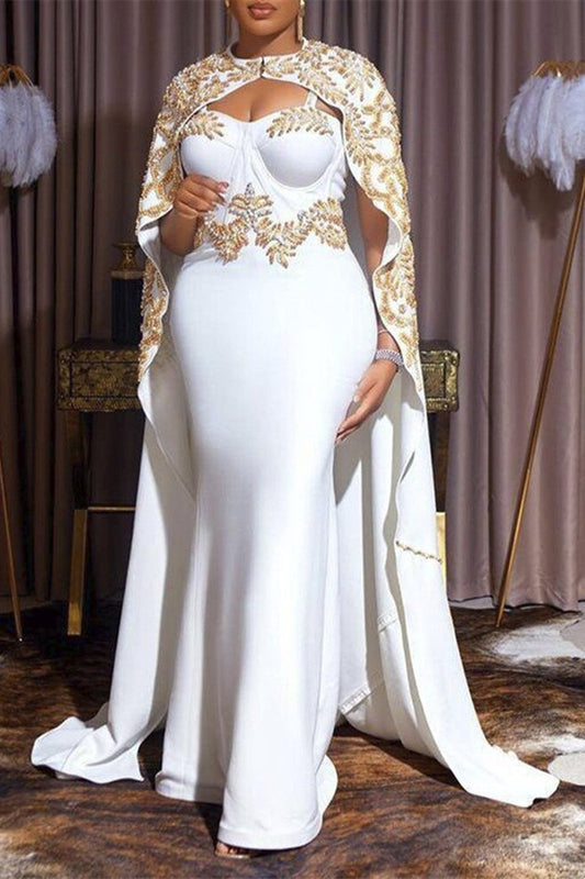 Plus Size Elegant Formal Cloak-style White Embroidery Maxi Dress Set