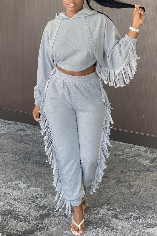 Plus Size Casual Hoodie  Fringed Long-sleeved Trousers Sets