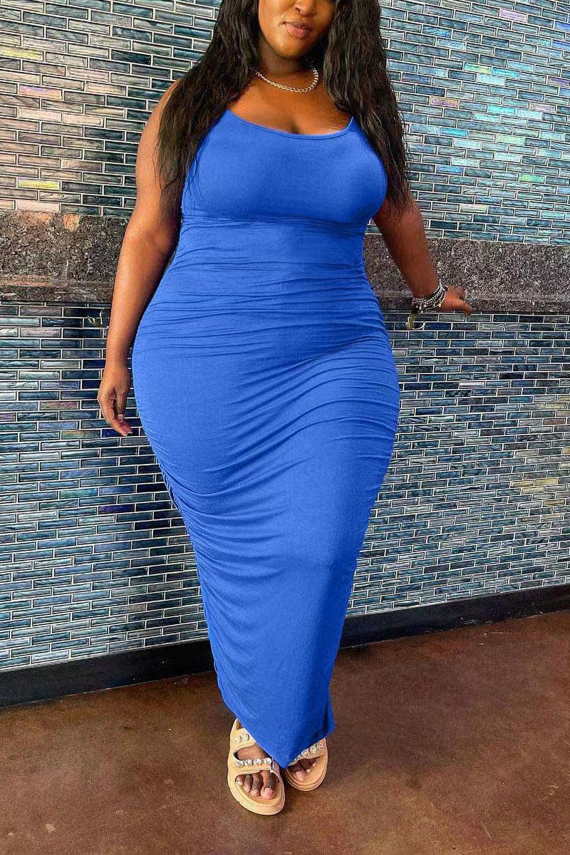 Plus Size Casual Solid Runched Cami Bodycon Maxi Dresses