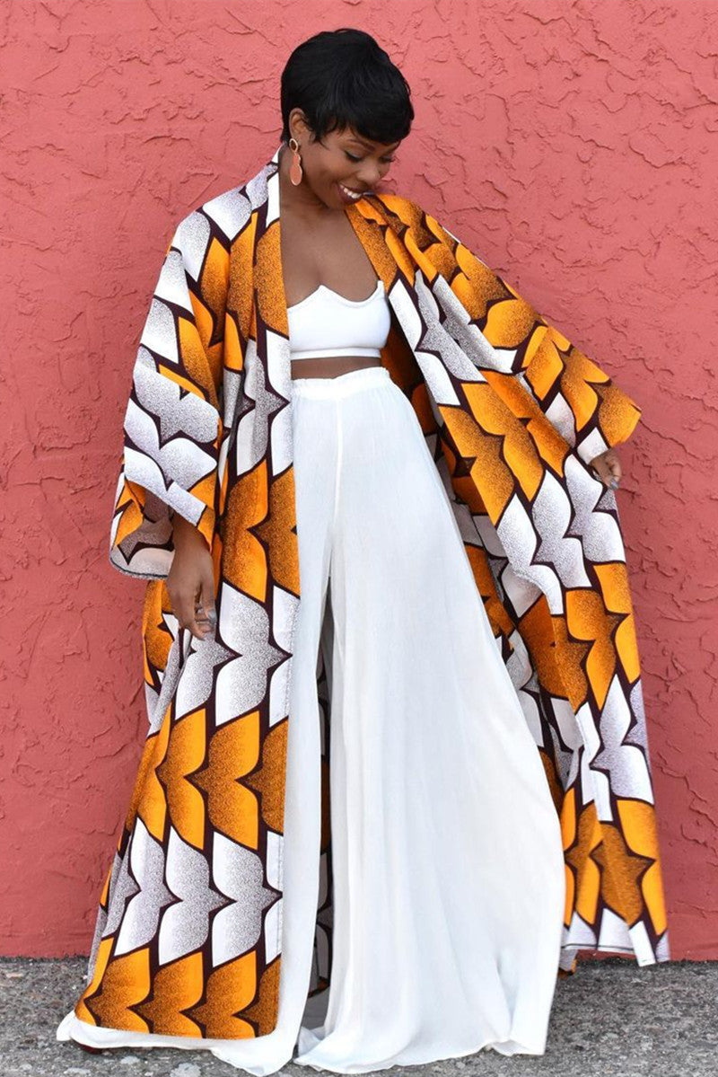 Plus Size Yellow African All Over Print Maxi Kimono Cardigan