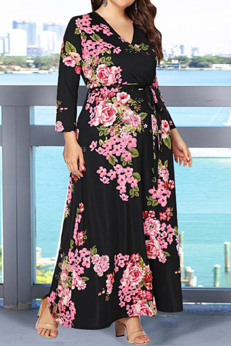 Plus Size Casual Floral Print Long Sleeve Sash Belt Maxi Dress