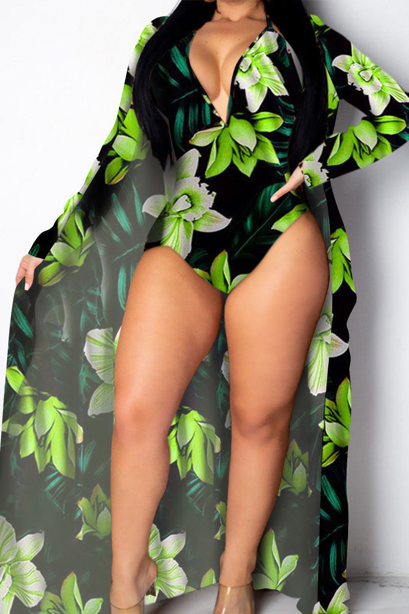 Plus Size Tropical Print Swimsuit Cover Up Set