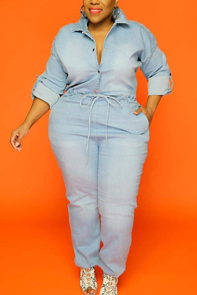 Plus Size Plain Jumpsuit Denim Long Sleeve