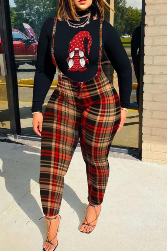 Plus Size Christmas Casual Turtleneck Plaid Print  Pants Two Pieces Set