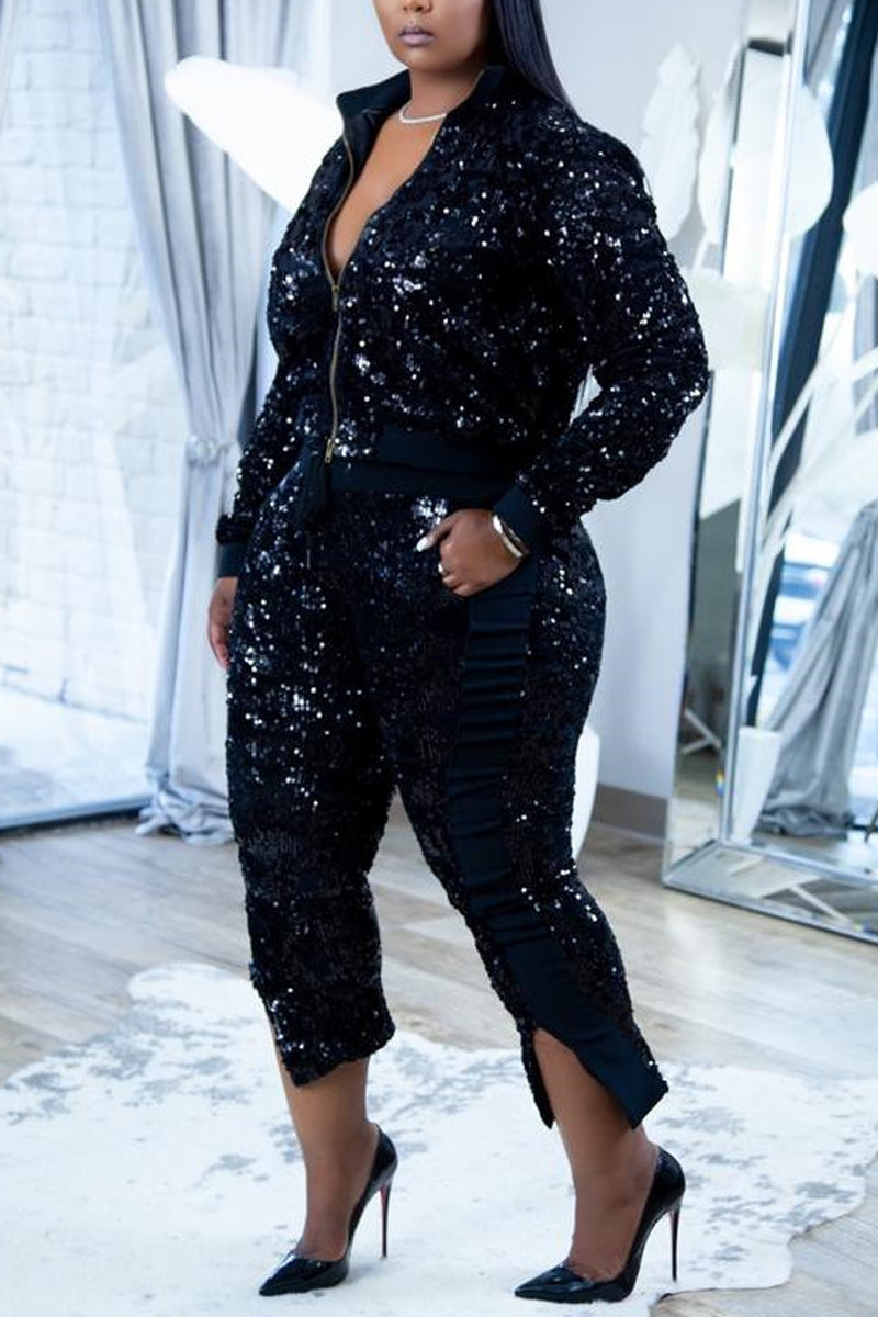 Plus Size Sequin Long Sleeve Jacket Front Slit Pants Two Pieces Set