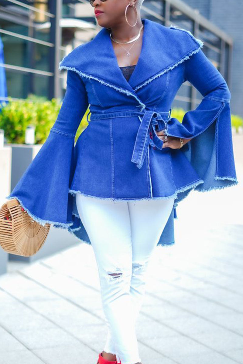 Plus Size Solid Turndown Collar Flare Sleeve Irregular Pleated Denim Outwear