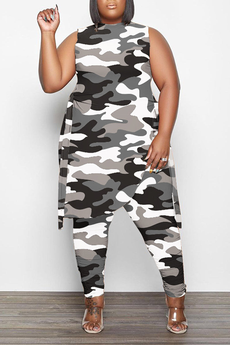 Plus Size Camouflage Print Sleeveless Skinny Pant Two Piece Set