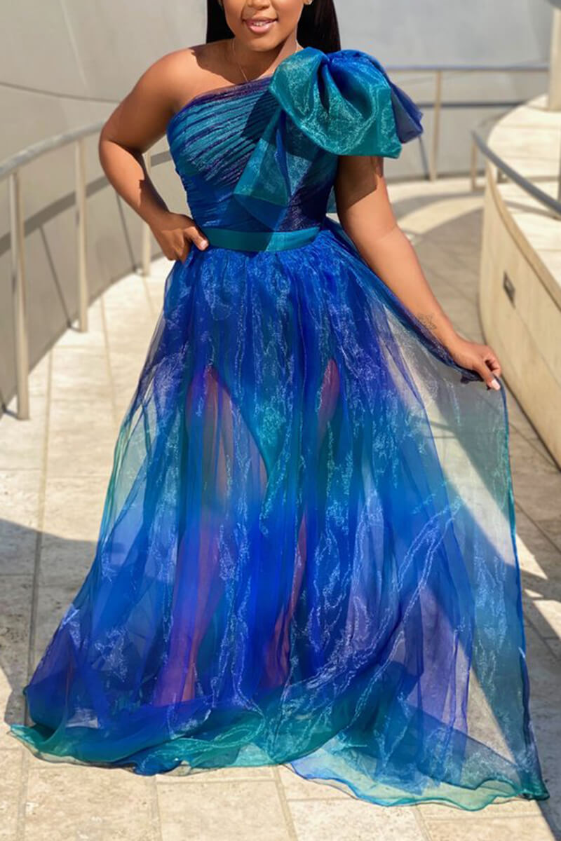 Plus Size Formal Tulle One Shoulder Ruched Bowknot Maxi Dresses