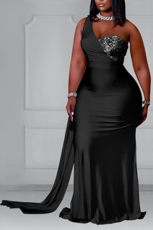 Plus Size Black Sleeveless Trailing Patchwork Sequin Maxi Dress
