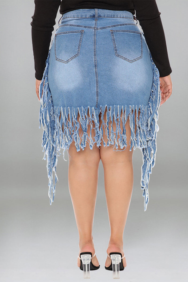 Plus Size Blue High Waist Fringe Denim Skirt