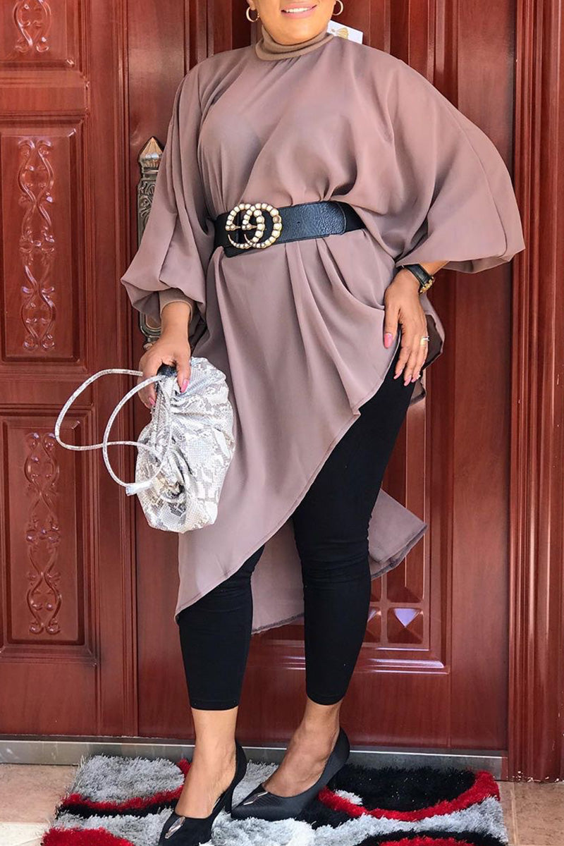 Plus Size Casual Solid See-through Asymmetrical Half A Turtleneck Midi Dresses