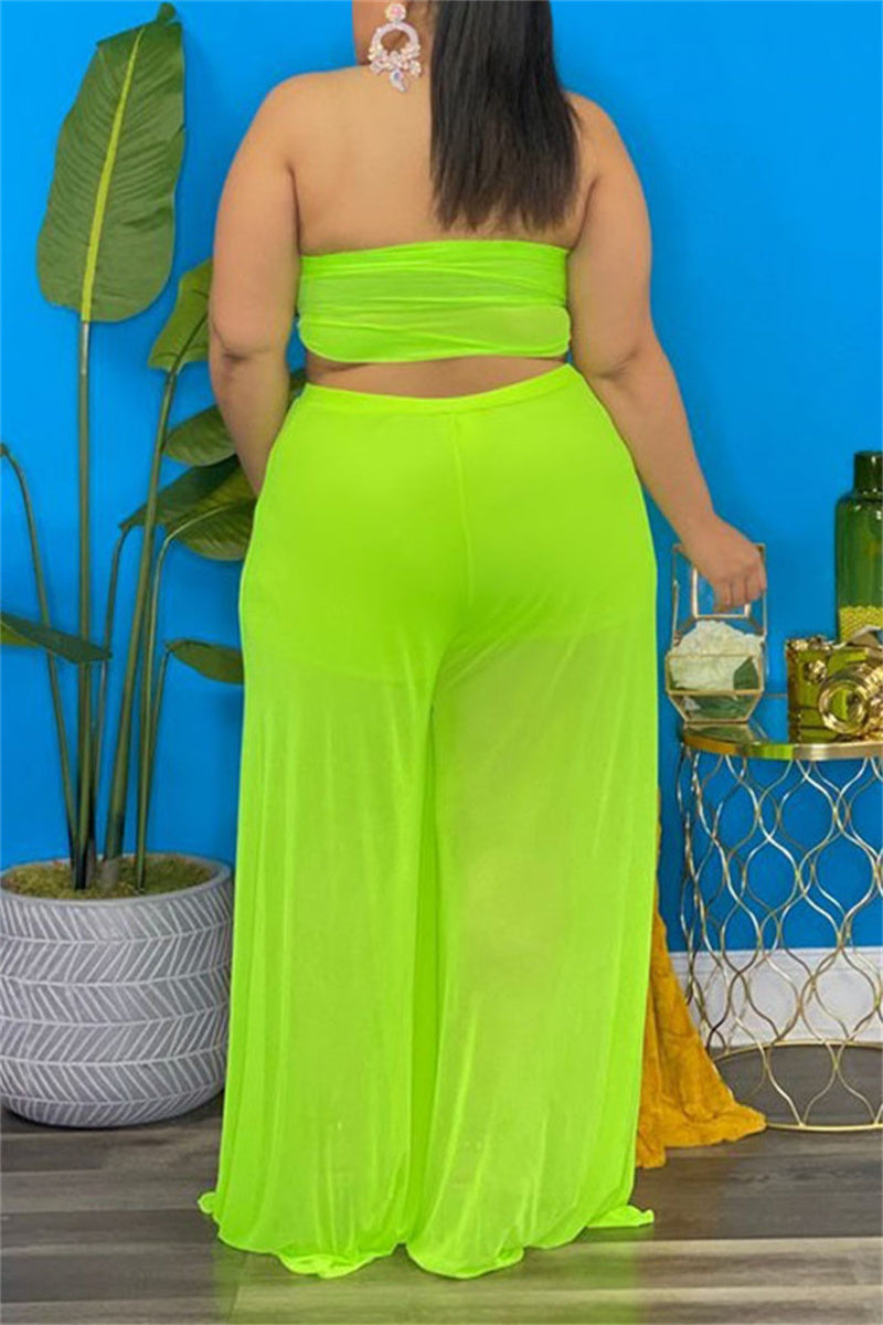 Plus Size Solid See-Through Wide Legs Two-Piece Pants Sets