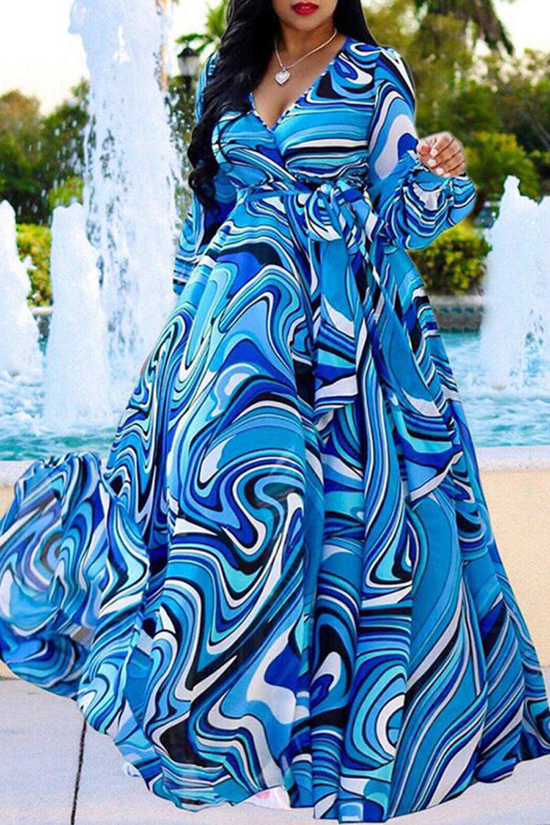 Plus Size Casual Long Sleeve Abstract Printed Floor Length Maxi Dresses