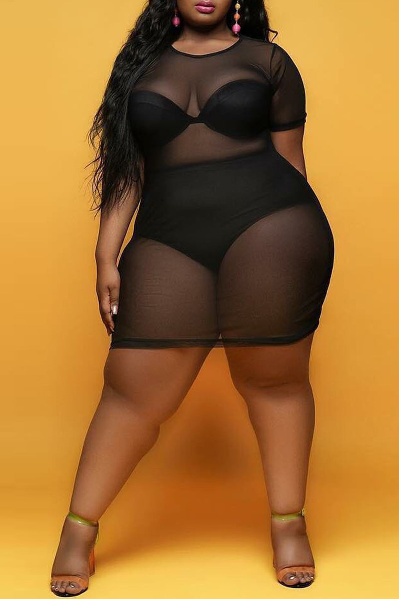Plus Size Party Tulle Solid See-through Mini Dress