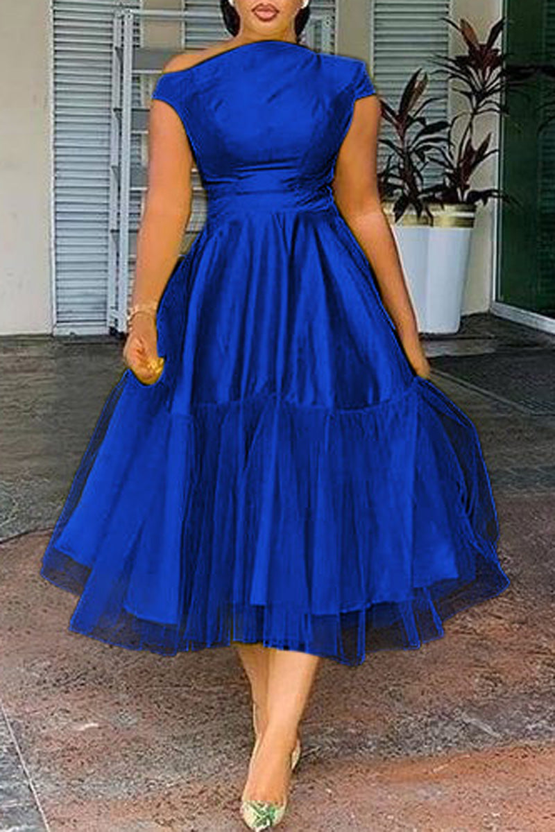 Plus Size Elegant A-line Tulle Solid Midi Dress