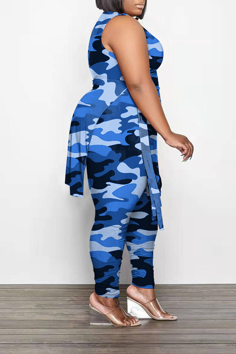 Plus Size Camouflage Print Sleeveless Skinny Pant Two Piece Set