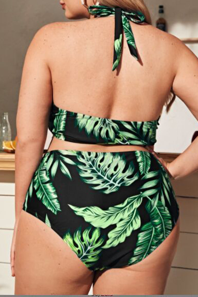 Plus Size Halter Tropical Print Lace Up Bikini Two Pieces Swimsuit Set
