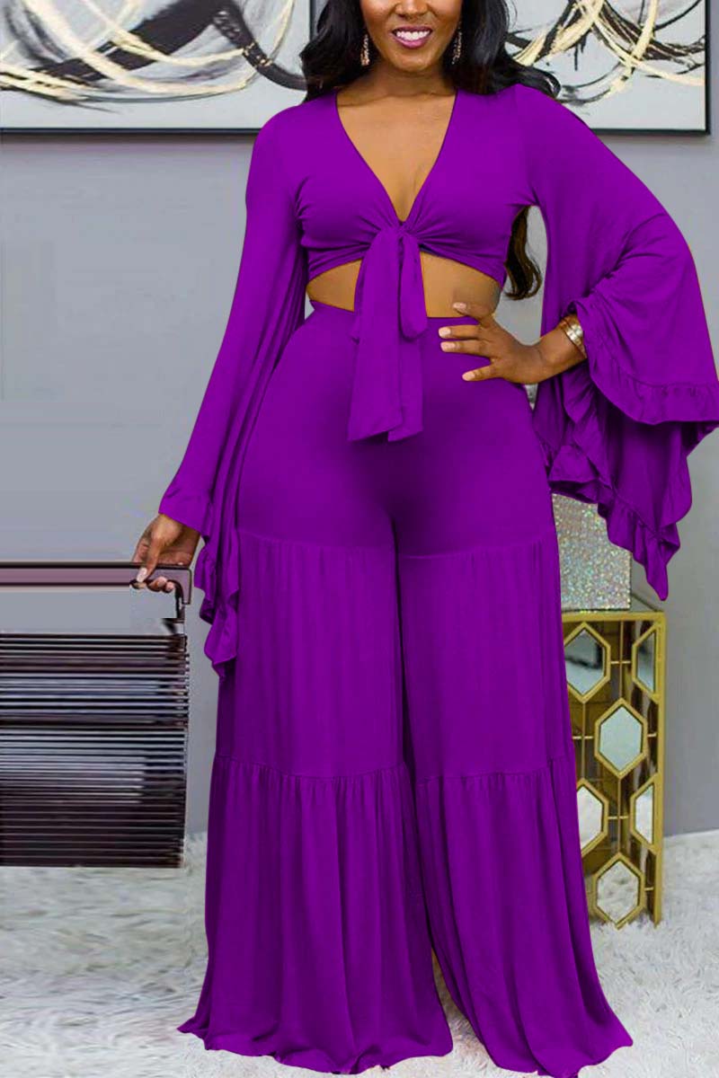 [Pre-Sale] Plus Size Vacation Casual Lace Up Ruffle Trumpet Sleeves Wide Leg Two Pieces Set