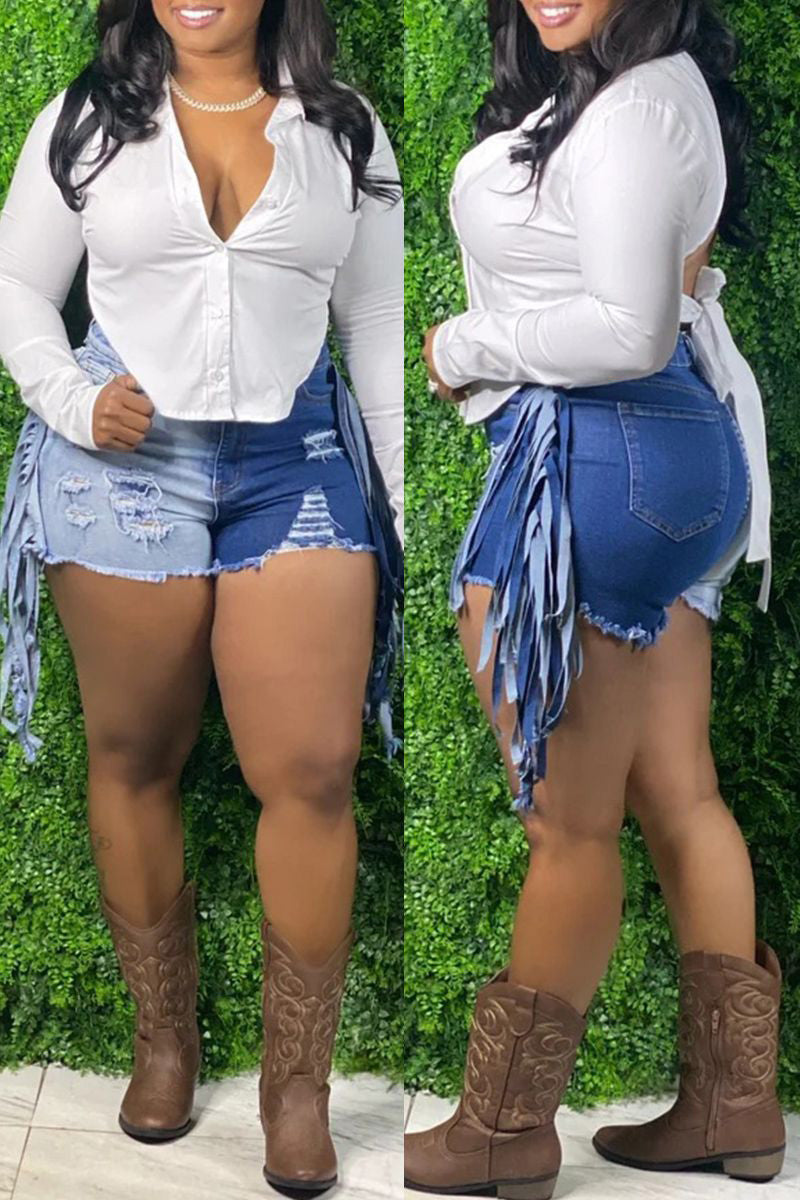 [Pre-Sale] Plus Size Casual Color Block Fringe Ripped Skinny Denim Shorts