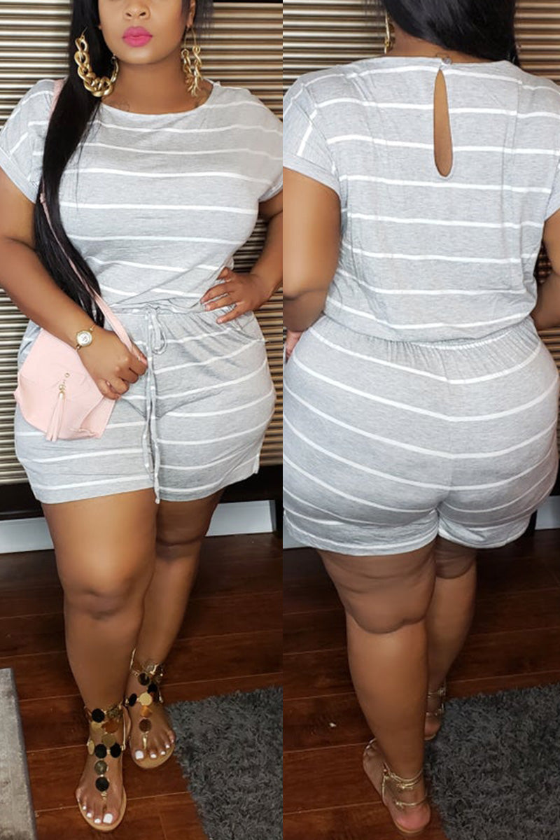 Plus Size Casual Striped Short Sleeve Romper