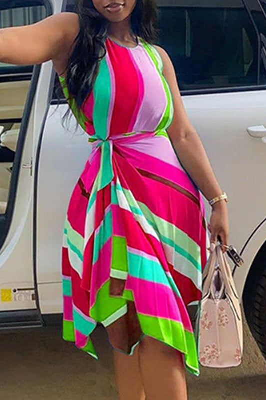 Plus Size Casual Sleeveless Striped Print Asymmetrical Summer Midi Dresses