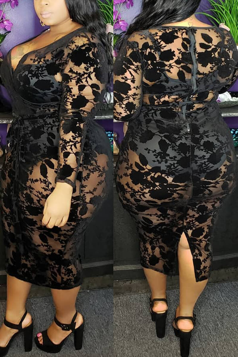 Plus Size V Neck Lace Velvet See-through Bodycon Midi Dress