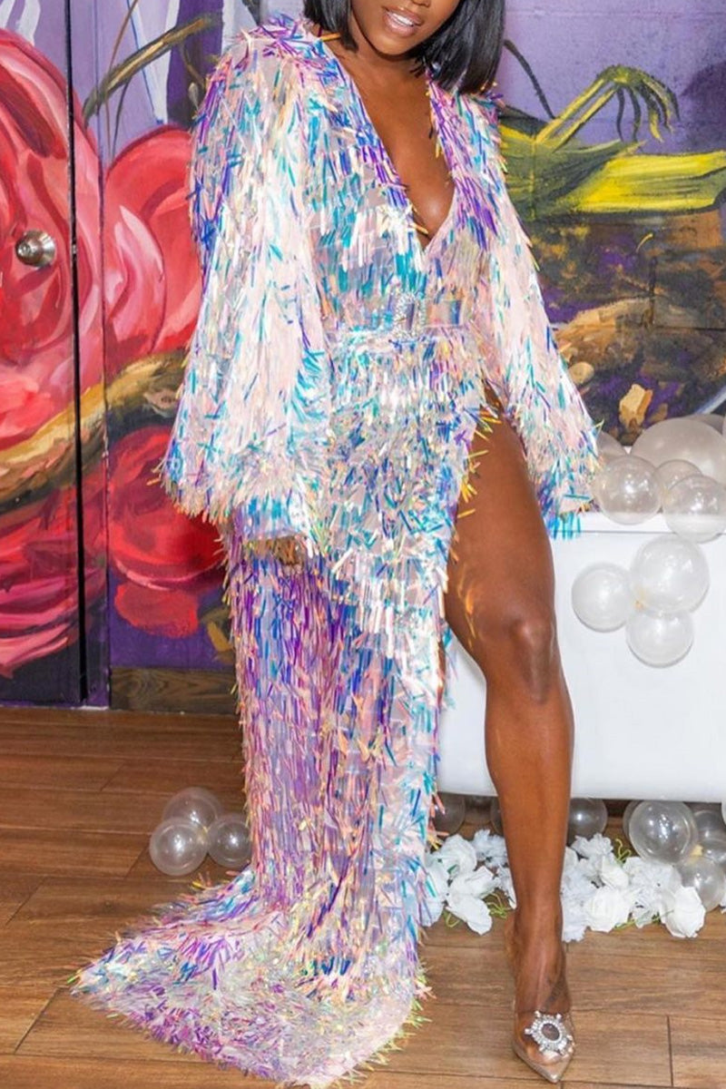 Plus Size V Neck Rainbow Reflective High Split Sequin Fringe Luxurious Gorgeous Maxi Dress(No Belt)