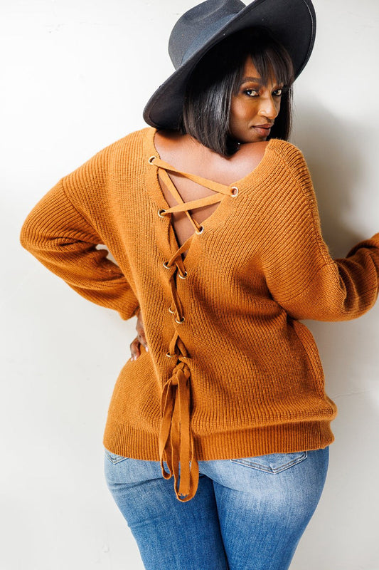 Plus Size Lace-up Back Knit Solid Sweater