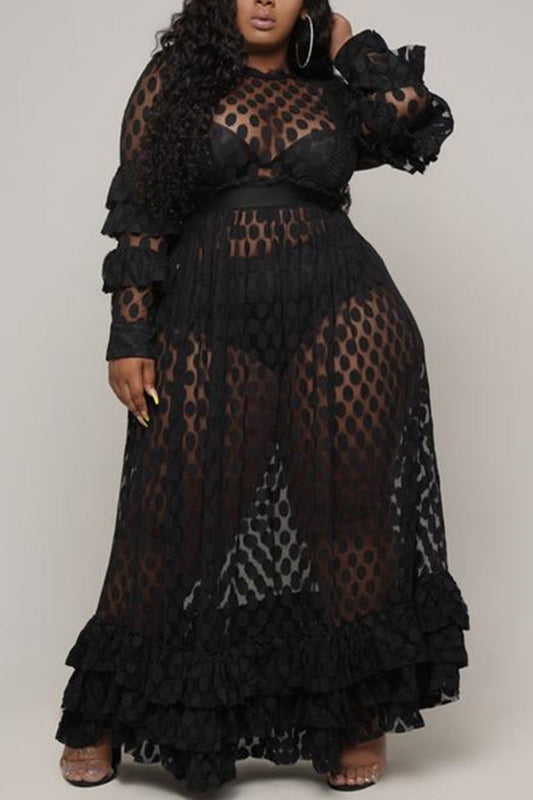 Plus Size Little Black Polka Dot Print Long Sleeve Mesh Maxi Dress