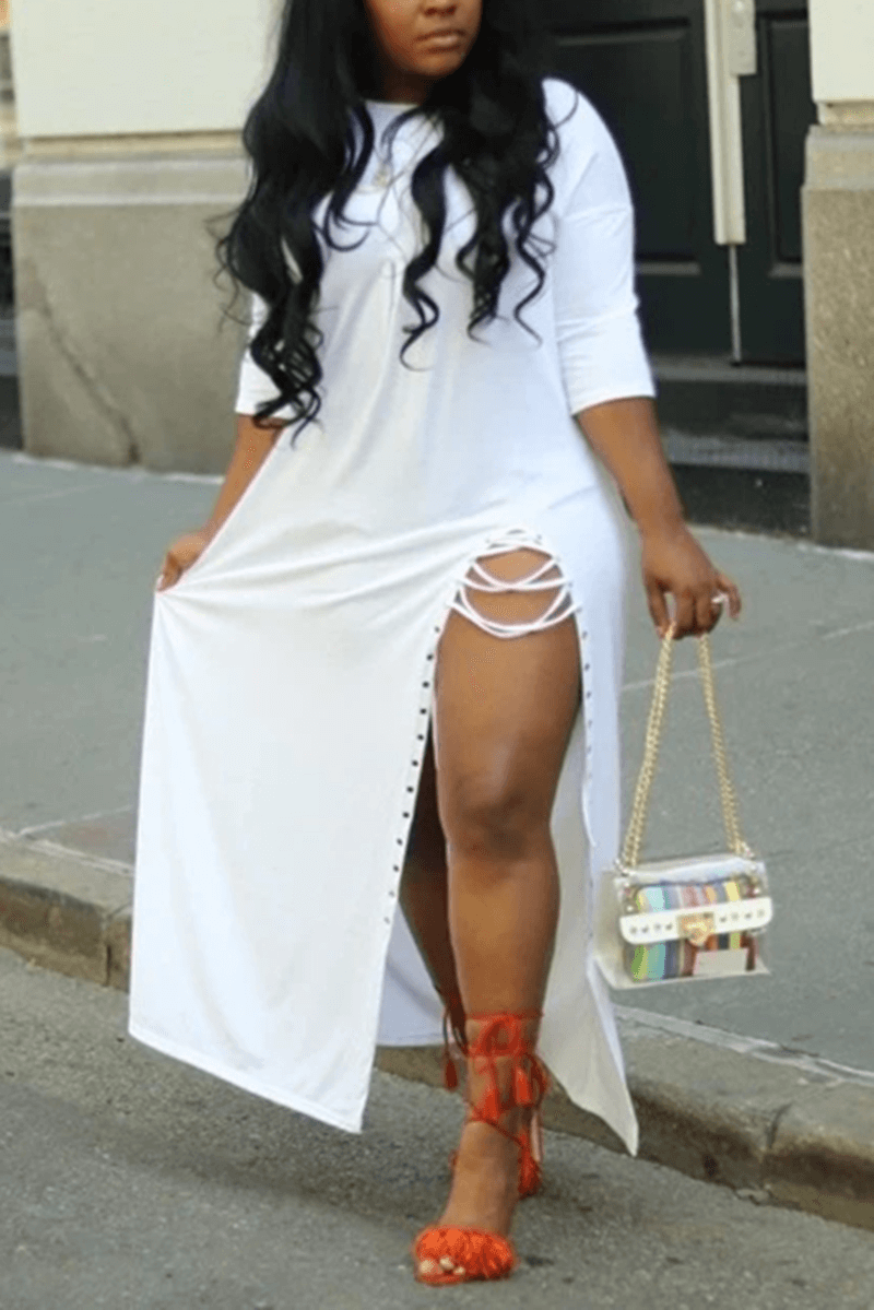 Plus Size White Casual Lace Up Half Sleeve Loose Maxi Dresses