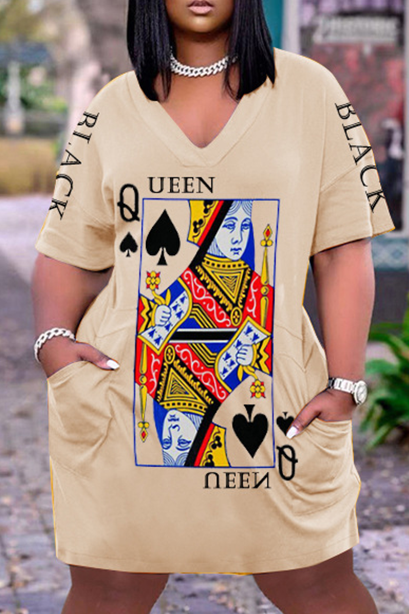 Plus Size Casual Poker Queen Print V Neck Short Sleeve Midi Dress