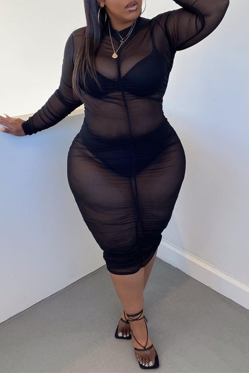 Plus Size Party Tulle See-through Long Sleeves Midi Dress