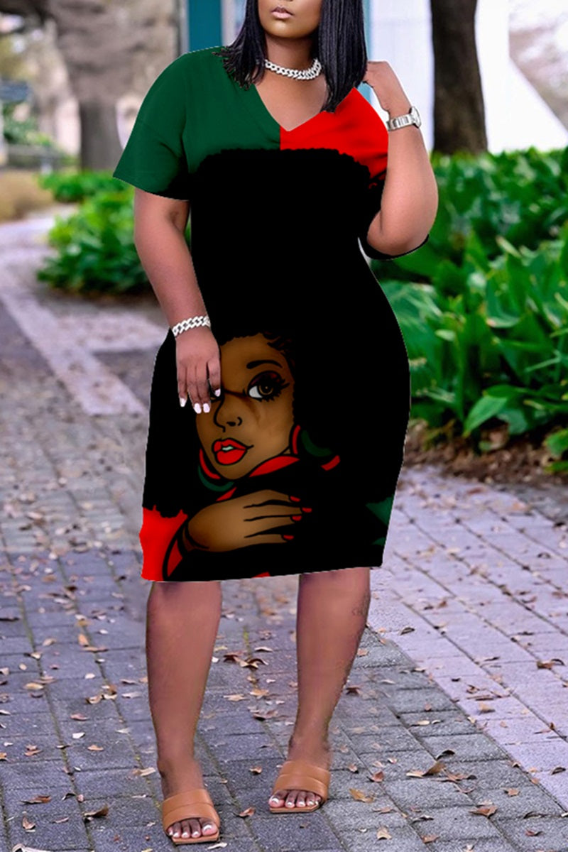 Plus Size V Neck Short Sleeve Cute Black Girl Print Midi Dress-Red - Xpluswear