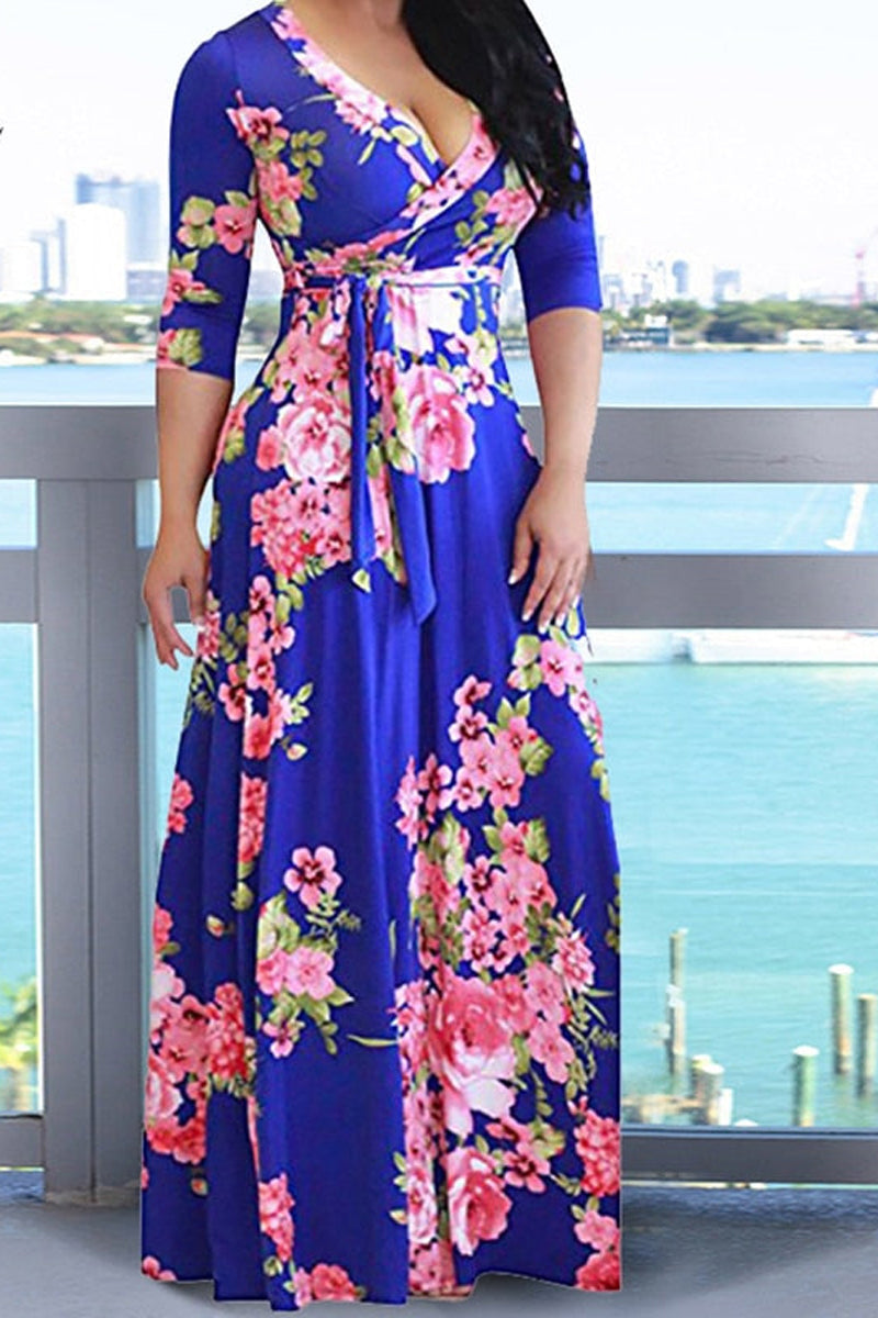 Plus Size Casual Floral Print Long Sleeve Sash Belt Maxi Dress