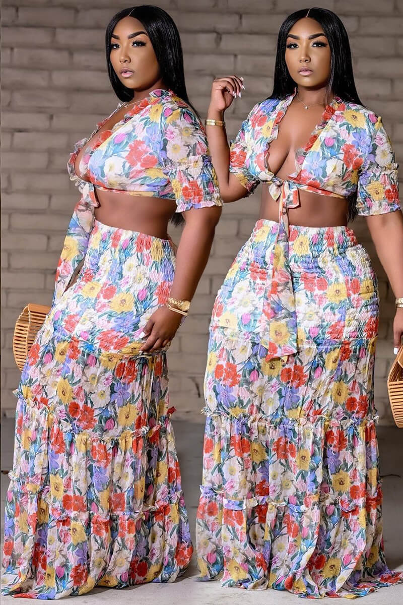 Plus Size Casual All Over Print Crop Top Ruffle Skirt Two Piece Set