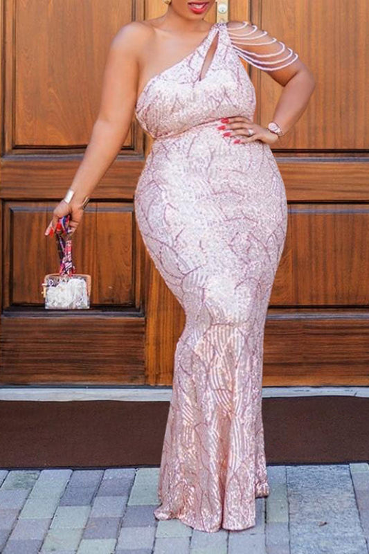 Plus Size Sequins One Shoulder Elegant Party Maxi Dress
