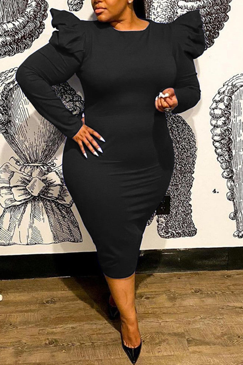 Plus Size Solid Ruffle Zipper Long Sleeve Bodycon Midi Dress