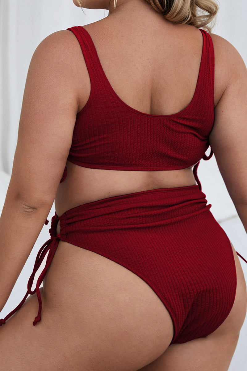 Plus Size Solid Lace Up Two Pieces Set Swimsuit