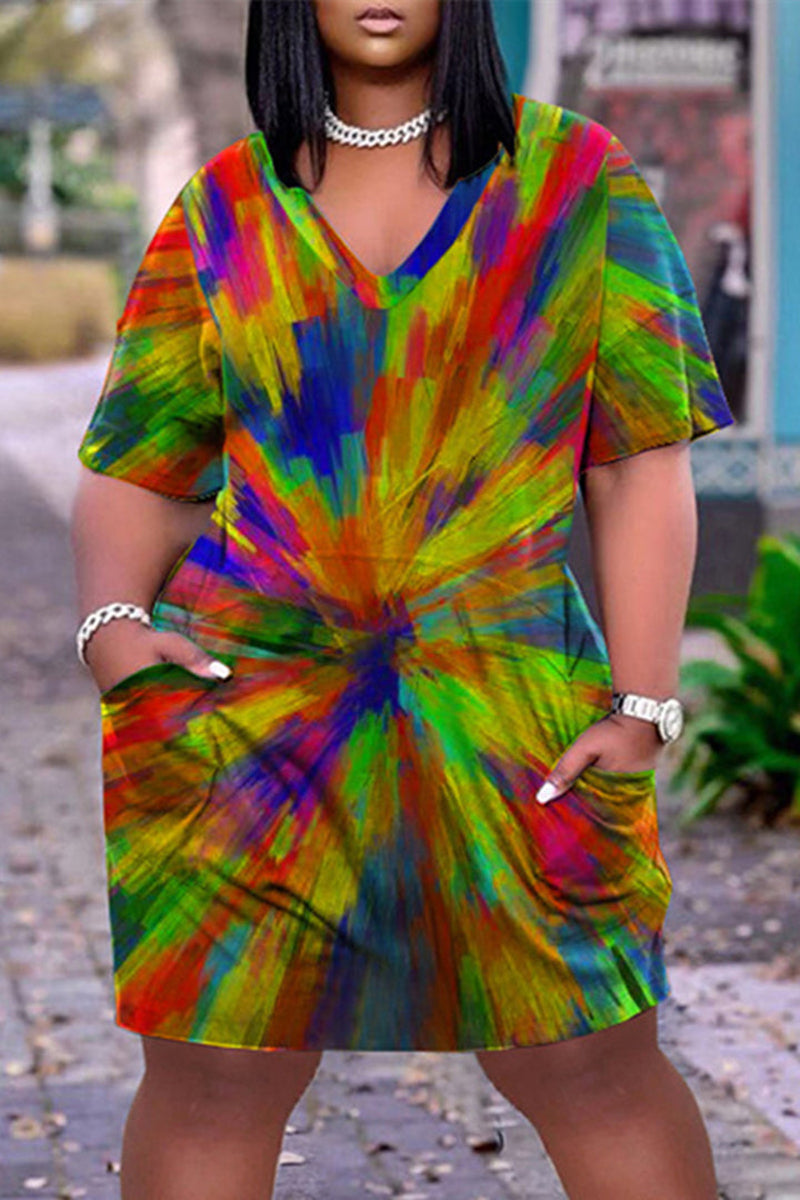 Plus Size Casual Rainbow Tie Dye Print V Neck Short Sleeve Midi Dress