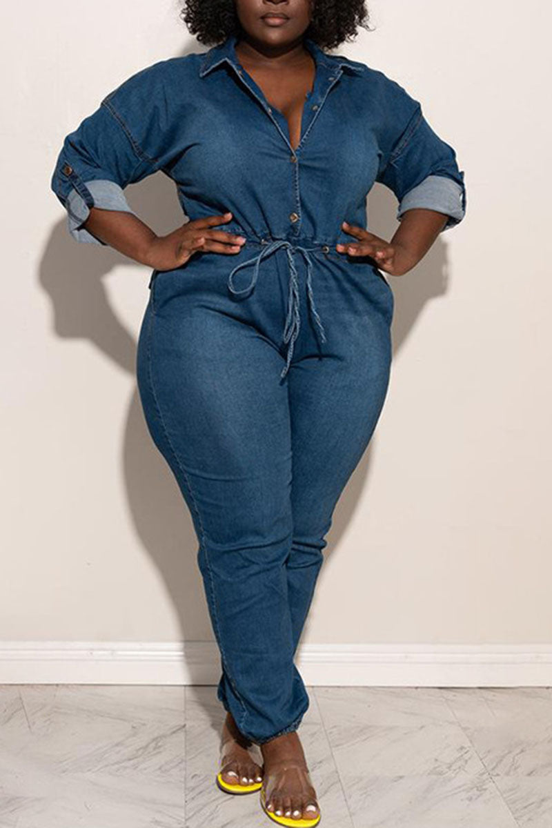 Plus Size Plain Jumpsuit Denim Long Sleeve