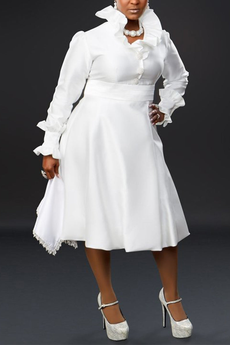 Plus Size Little White Ruffle Collar Bubble Midi Dress