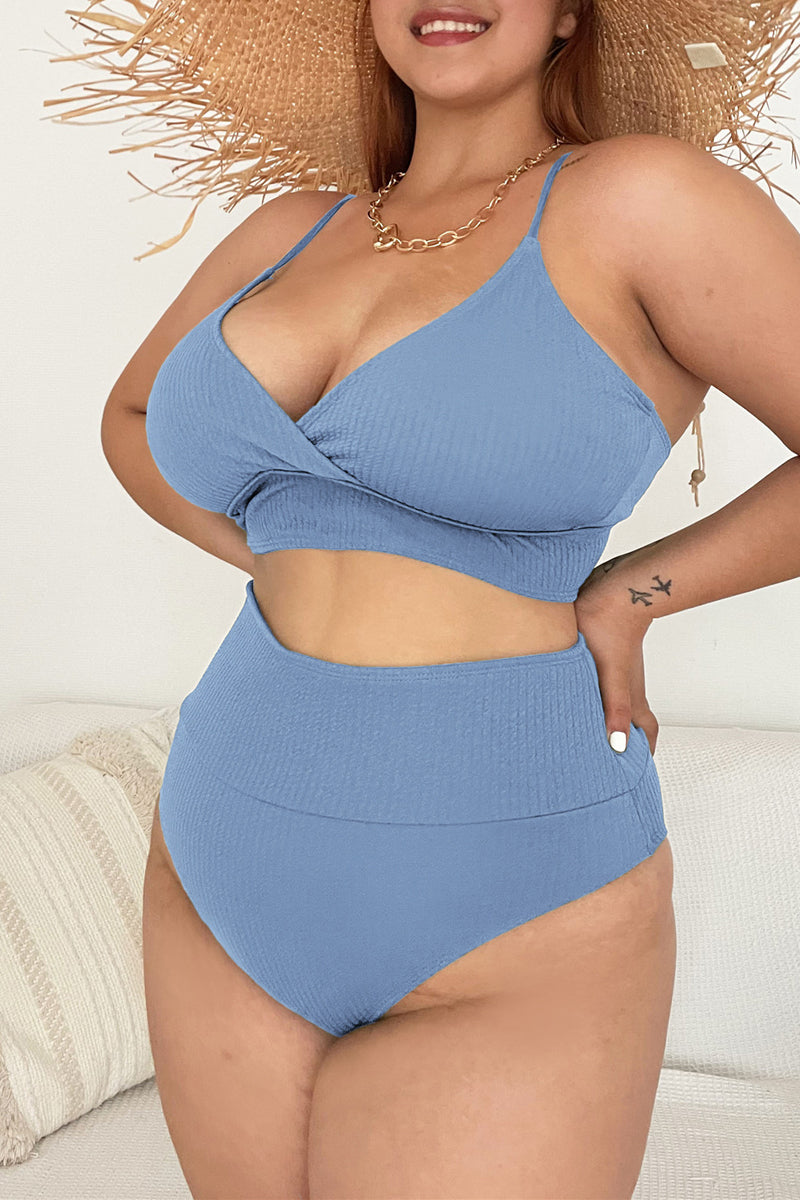 Plus Size Solid Cami High Waist Back Lace Up Two Pieces Set Swimsuit