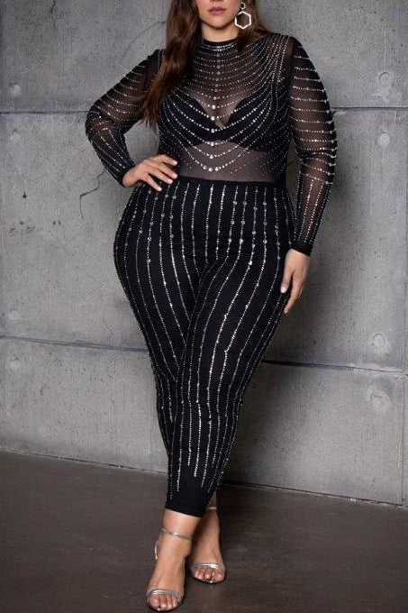 Plus Size Party See-through Tulle Rhinestone Striped Jumpsuit
