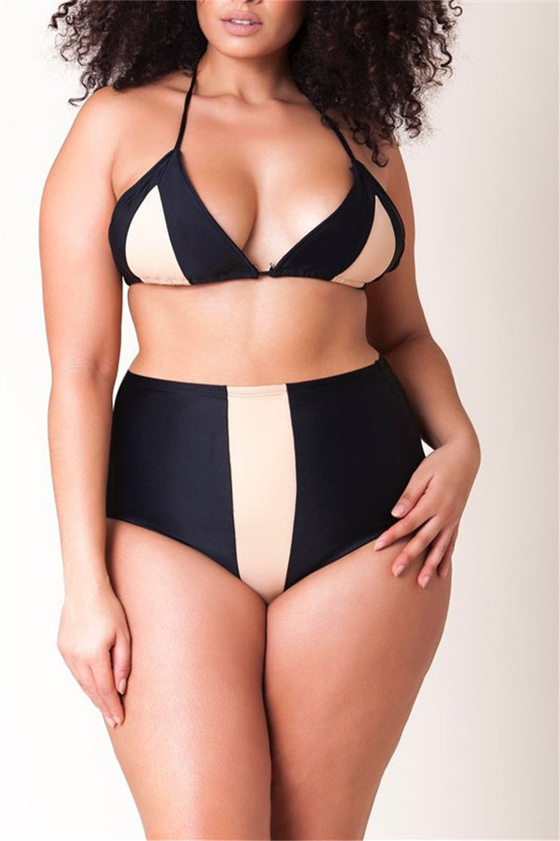 Plus Size Black Backless Two Pieces Swimwear