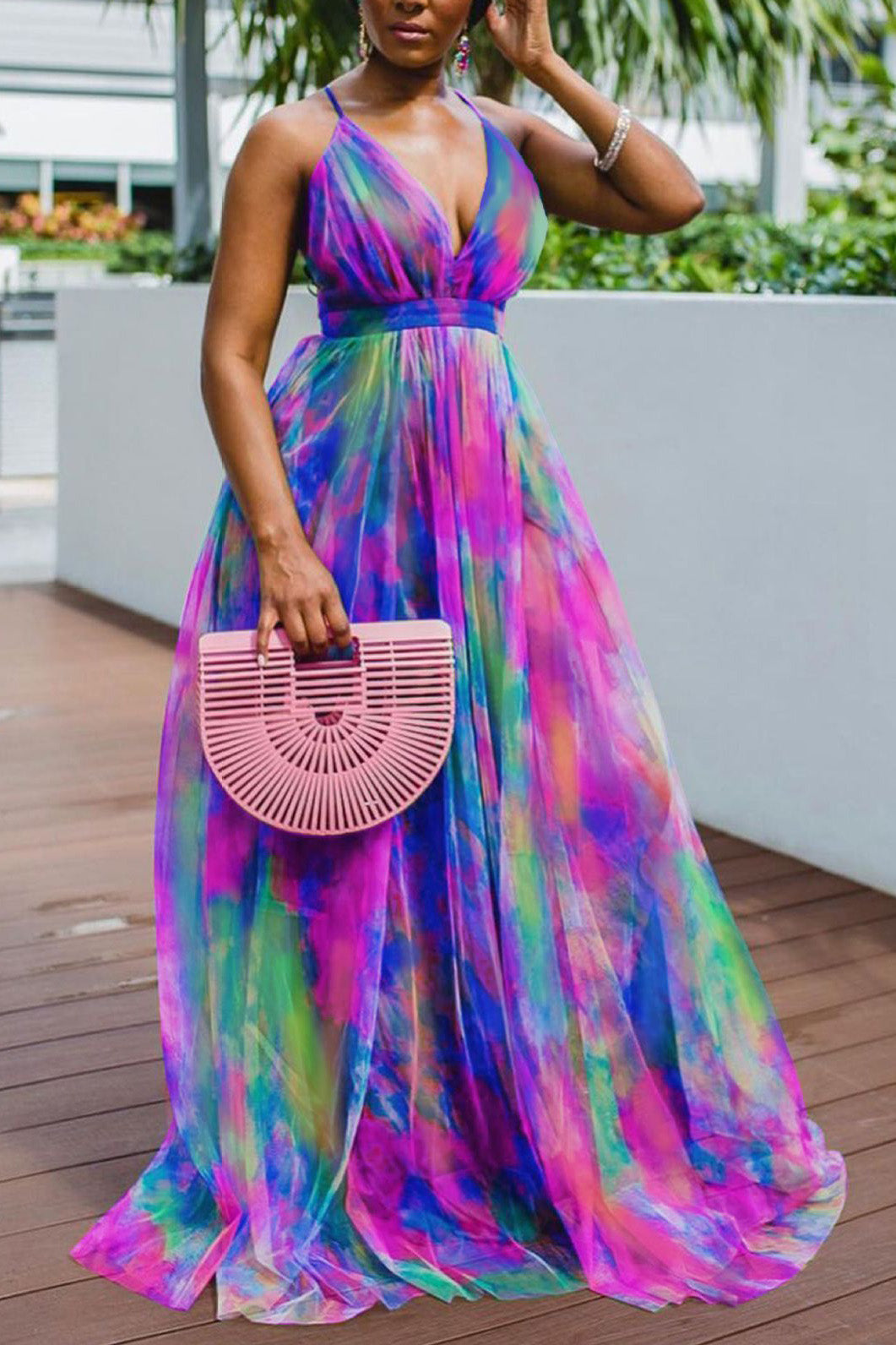 Plus Size Tulle Dresses Sling V-neck Print Dress