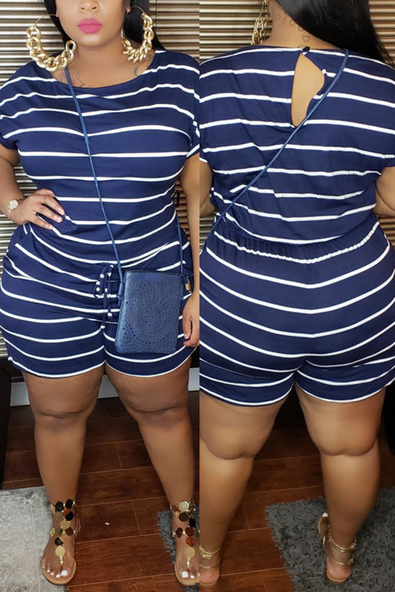 Plus Size Casual Striped Short Sleeve Romper