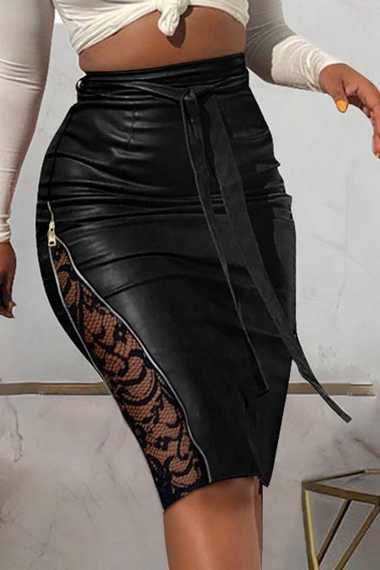 Plus Size Lace Stitching Zipper Belted PU Leather Skirt