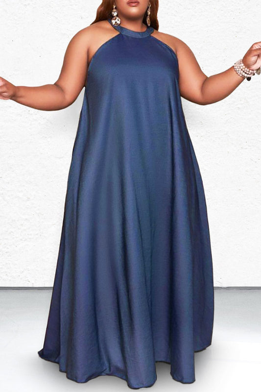 Plus Size Maxi Dress Halter-Neck Sleeveless Solid Color
