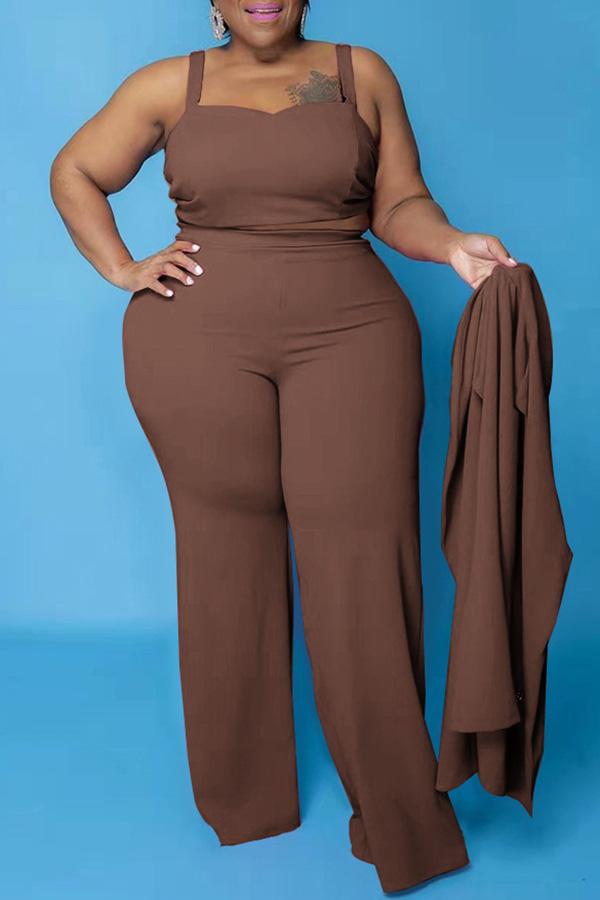 Plus Size Solid Color Long Sleeve Cardigan & Pants 3 Pieces Set