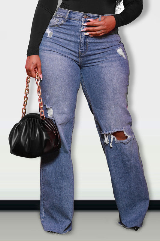 Plus Size Casual High Waist Ripped Mom Jeans